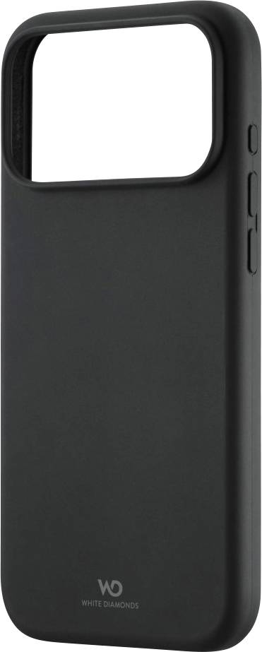 Eine schwarze Smartphone-Hülle mit dem 'WD White Diamonds' Logo am unteren Rand, die eine große rechteckige Aussparung am oberen Bereich für den Kamerazugang aufweist.
