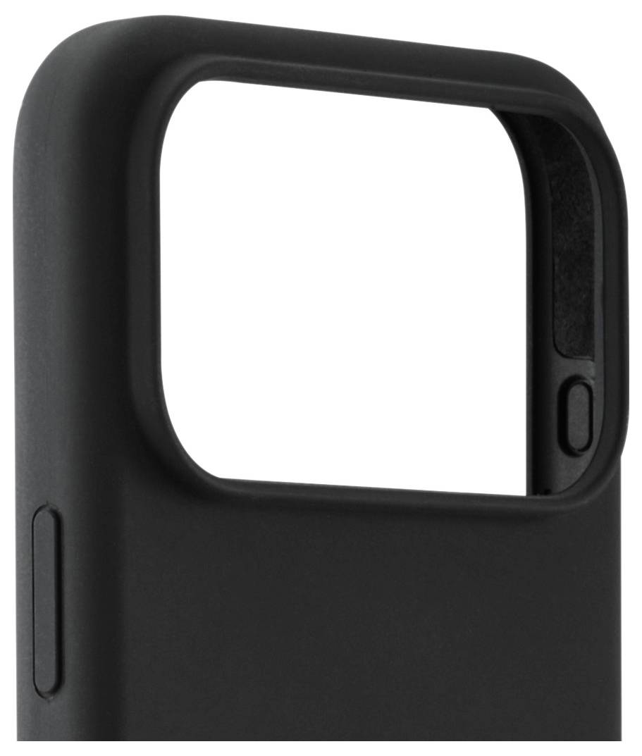 Eine schwarze Handyhülle mit einer großen rechteckigen Aussparung, die den oberen Bereich des Telefons freilegt, und einen seitlichen Knopf, der sichtbar ist.
