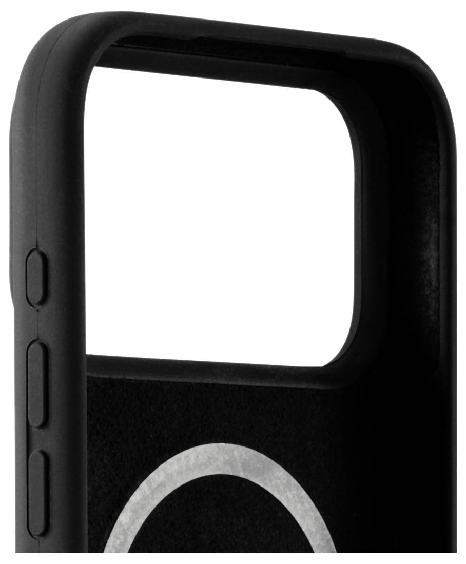 Das Bild zeigt eine schwarze Smartphone-Hülle mit Aussparungen für Tasten an der Seite und einem offenen Oberteil, das für den Kamerabereich vorgesehen ist.