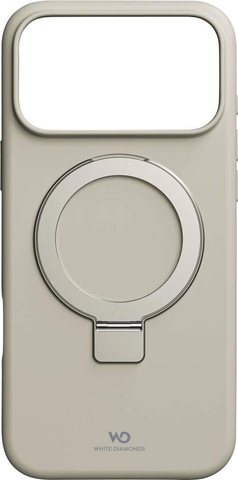 Eine beige Handyhülle mit einem Ringhalter auf der Rückseite, mit dem Logo 'White Diamonds' am unteren Rand.