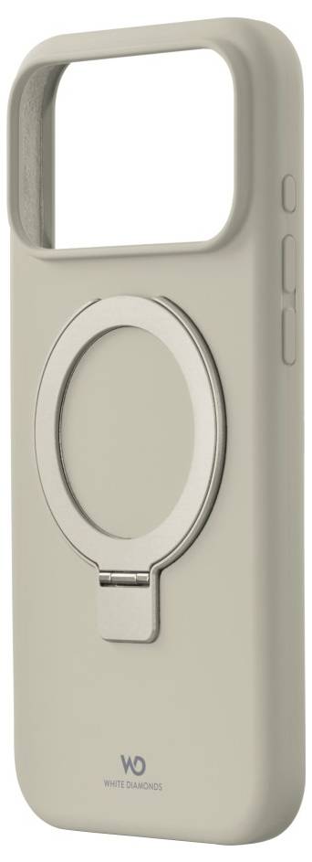 Eine beige Handyhülle mit einem Metallring auf der Rückseite für besseren Griff und Ständerfunktion; Tasten sind an der Seite sichtbar.