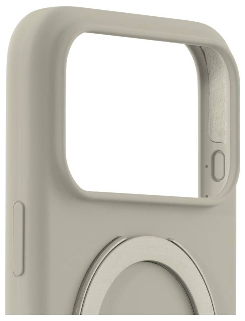 Eine beige Smartphone-Hülle mit einer großen Kameraaussparung und einer kreisförmigen Vertiefung auf der Rückseite, passend für ein modernes Telefondesign.