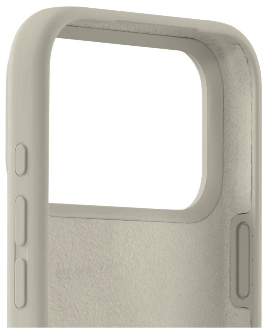 Ein beiger Telefonkasten mit einer strukturierten Innenfütterung und seitlichen Tasten wird teilweise gezeigt, mit einer breiten quadratischen Ausschnitt für die Kamera.