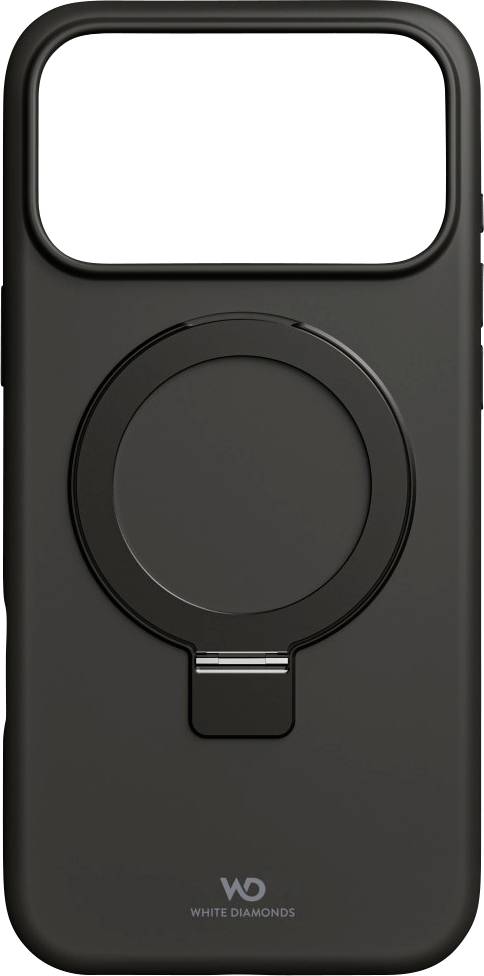 Eine elegante schwarze Handyhülle mit einer Ringbefestigung, mit dem 'White Diamonds' Logo am unteren Rand.