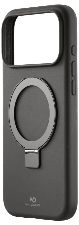 Eine schwarze Handyhülle mit einem kreisförmigen Metallring und seitlichen Tasten, designed für einfaches Greifen und Positionieren.