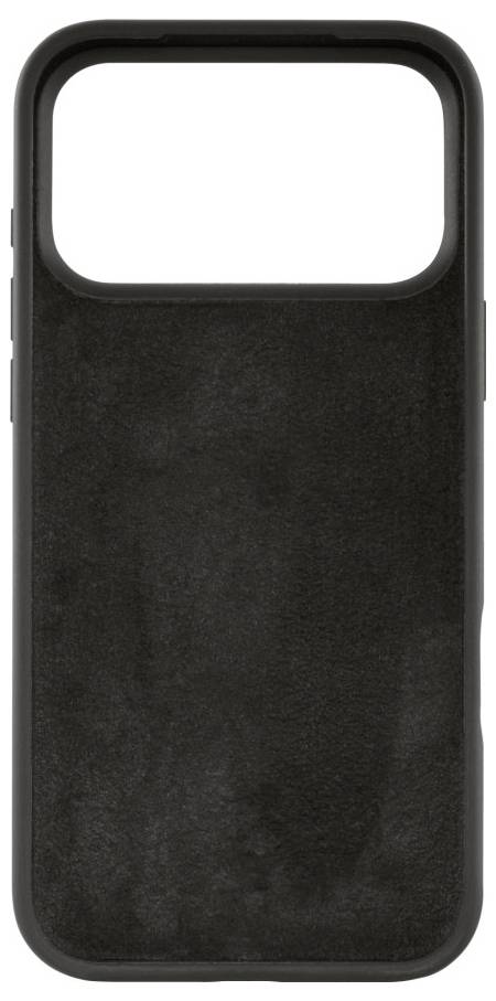 Eine schwarze Handyhülle mit einem einfachen, minimalistischen Design und einer großen Öffnung für die Kamera sowie Tasten an den Seiten.