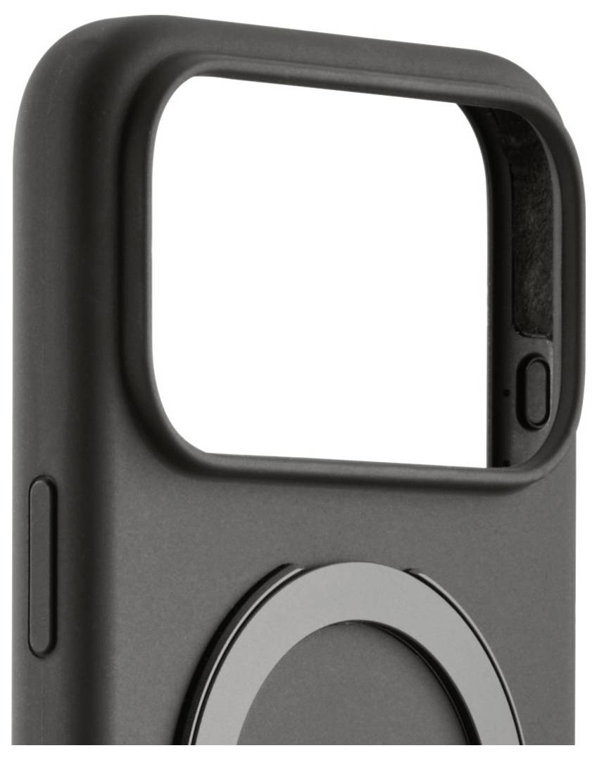 Eine schwarze Handyhülle mit einer rechteckigen Kameraausparung und einem kreisförmigen MagSafe-kompatiblen Bereich auf der Rückseite.