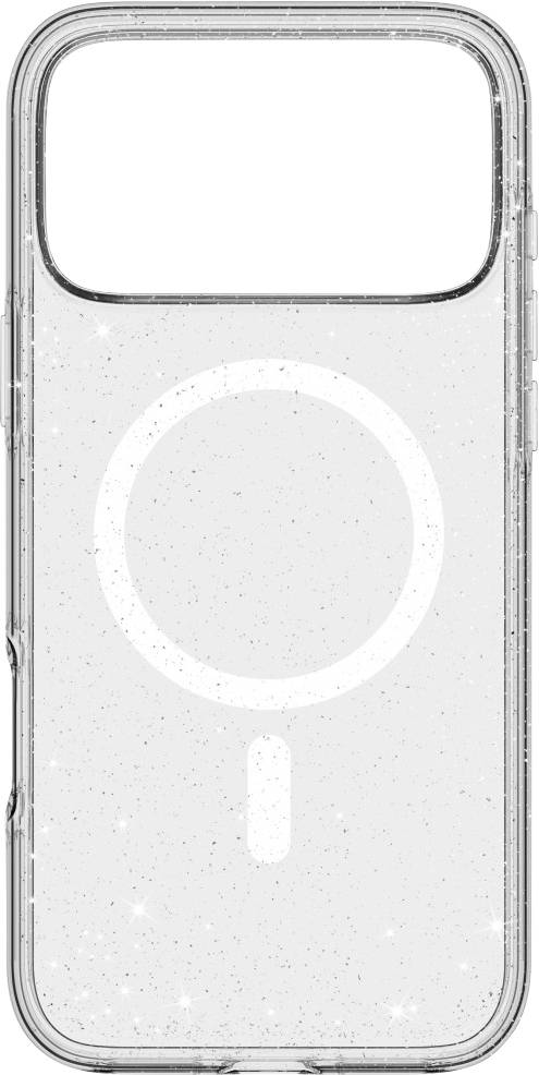 Eine transparente Handyhülle mit einem kreisförmigen Design und einem quadratischen Ausschnitt an der Oberkante, geeignet für ein Smartphone mit MagSafe-Funktion.