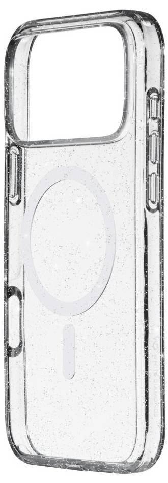 Eine transparente, schlanke Handyhülle mit Aussparungen für Tasten und Kamera, die auf der Rückseite ein kreisförmiges Design aufweist, das wahrscheinlich für MagSafe-Kompatibilität konzipiert ist.