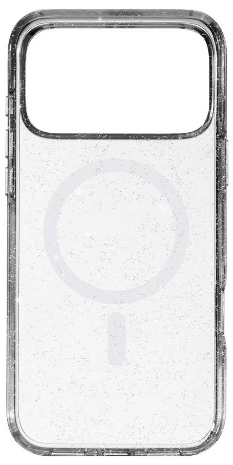 Transparente Handyhülle mit einer großen Aussparung für den Kamerablock, mit einem blassen kreisförmigen Design, das auf der Rückseite zentriert ist.