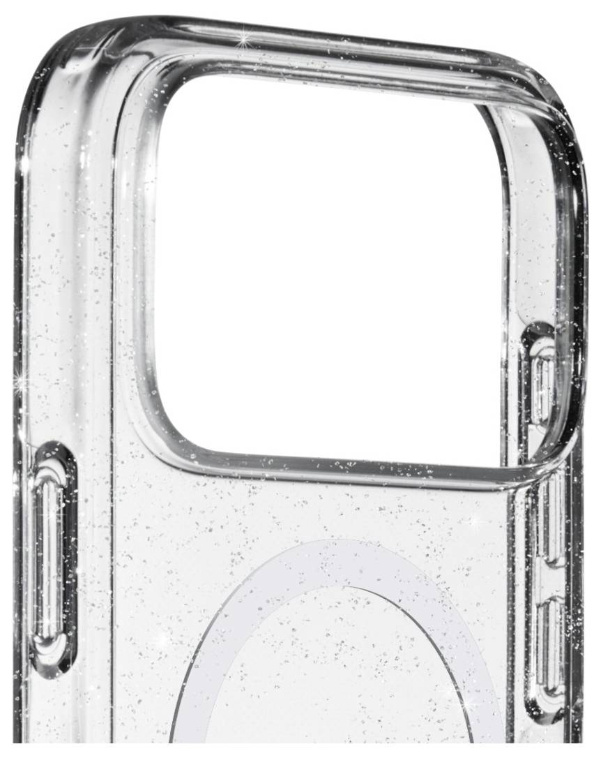 Eine durchsichtige, glitzernde Handyhülle für das iPhone 14 Pro Max mit großer Kameraausparung und MagSafe-Kompatibilität.