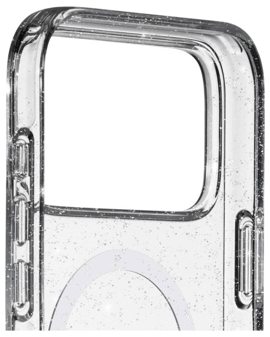 Transparente Handyhülle mit Glitzer und Aussparungen für Kamera und Tasten.