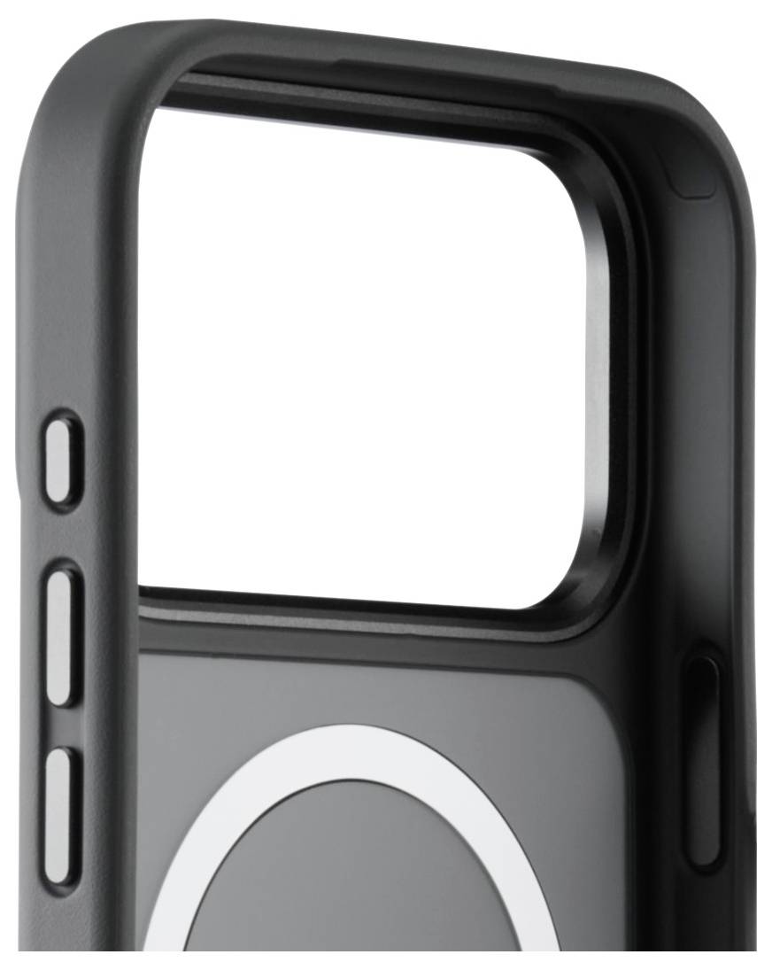 Eine graue Handyhülle mit Ausschnitten für die Tasten und einem kreisförmigen MagSafe-kompatiblen Ring auf der Rückseite, entwickelt für ein Smartphone.