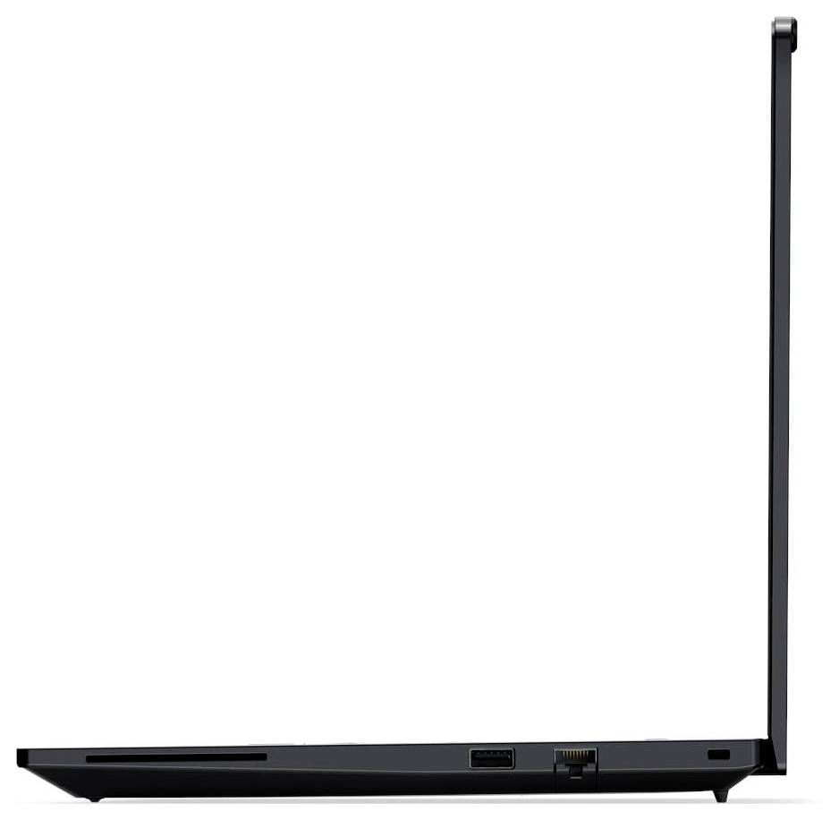 Ein schlanker schwarzer Laptop, von der Seite gezeigt, der sein dünnes Profil und einen Teil des geöffneten Bildschirms hervorhebt, mit sichtbaren Anschlüssen am seitlichen Rand.