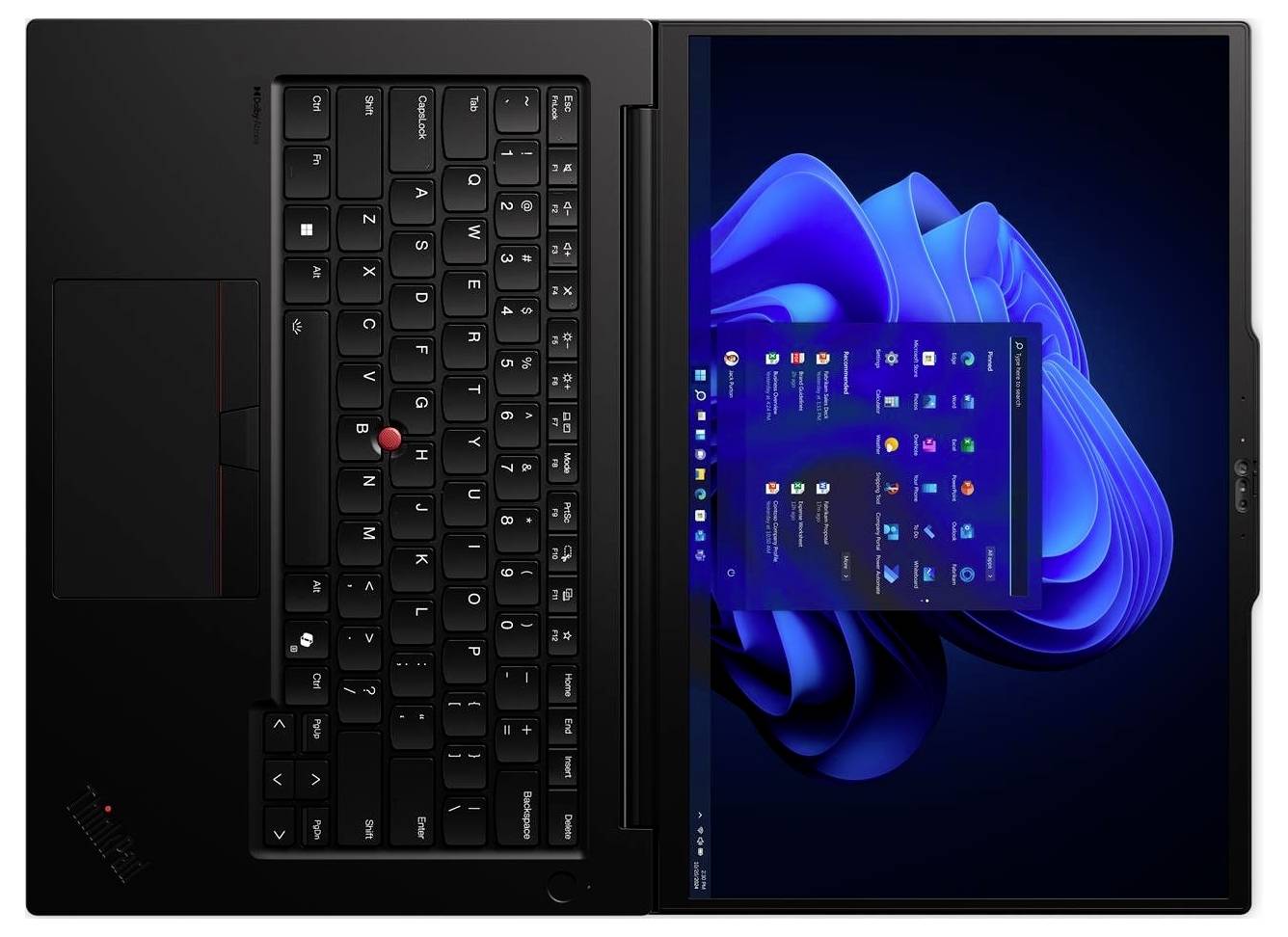 Ein Laptop mit einer schwarzen Tastatur wird gezeigt, dessen Bildschirm gedreht ist und ein Windows 11 Startmenü vor einem blauen abstrakten Hintergrund anzeigt.