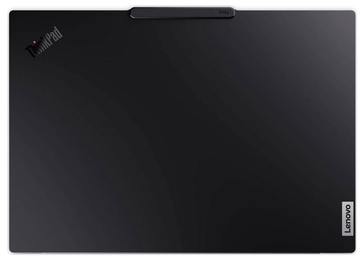 Laptop-Deckel mit ThinkPad- und Lenovo-Logos auf einer schwarzen Oberfläche, mit einem rechteckigen Kameramodul an der oberen Mittenkante.
