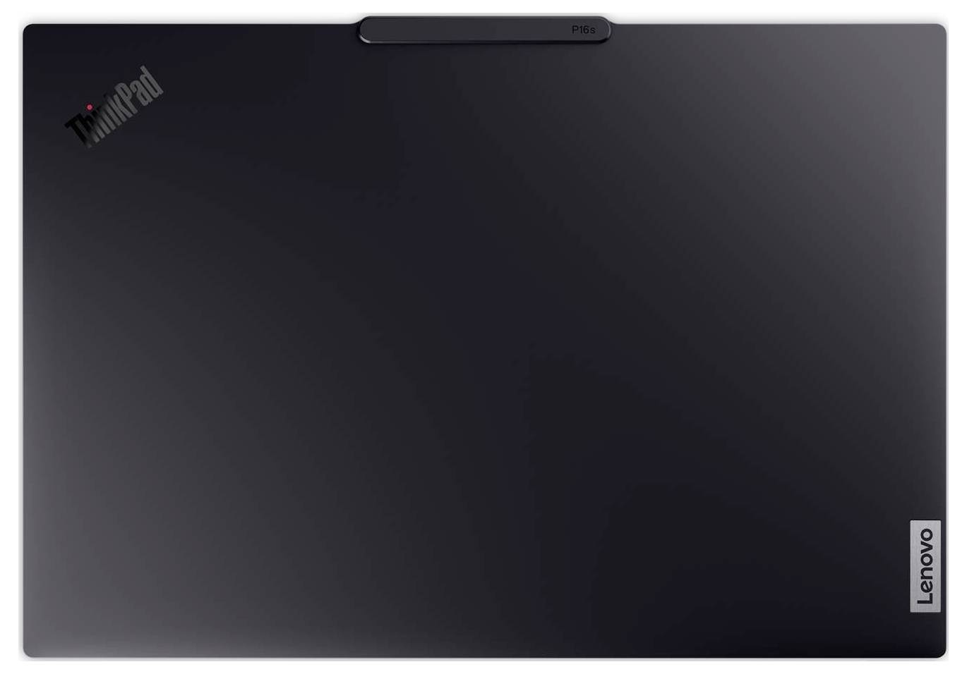 Ein 'Lenovo ThinkPad' Laptopdeckel in mattem Schwarz mit Logos in der oberen linken und unteren rechten Ecke vor einem einfarbigen Hintergrund.