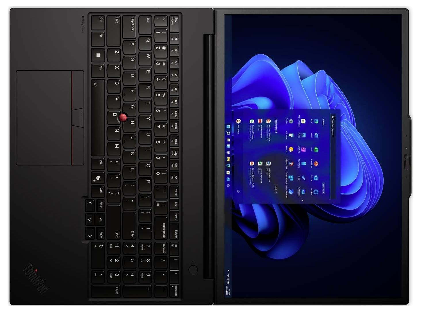 Ein Laptop mit gedrehtem Bildschirm zeigt das Windows 11 Startmenü. Die Tastatur ist sichtbar und verfügt über einen roten Pointing Stick.