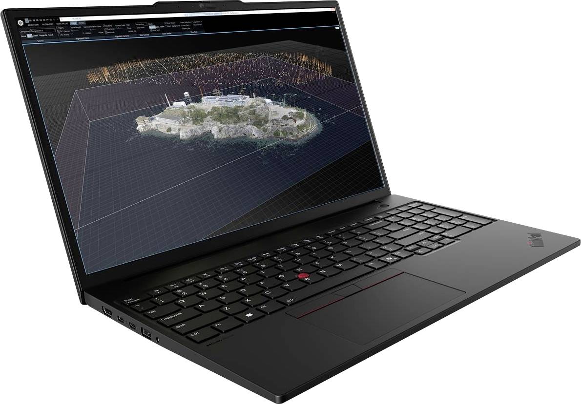Ein schlanker schwarzer Laptop ist geöffnet und zeigt auf seinem Bildschirm eine 3D-Modellierungssoftware, die ein detailliertes Modell einer Insel darstellt.