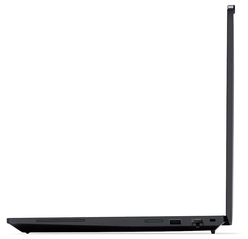 Ein schlanker, offener schwarzer Laptop, von der Seite betrachtet, der seine Anschlüsse und sein elegantes Profil zeigt.