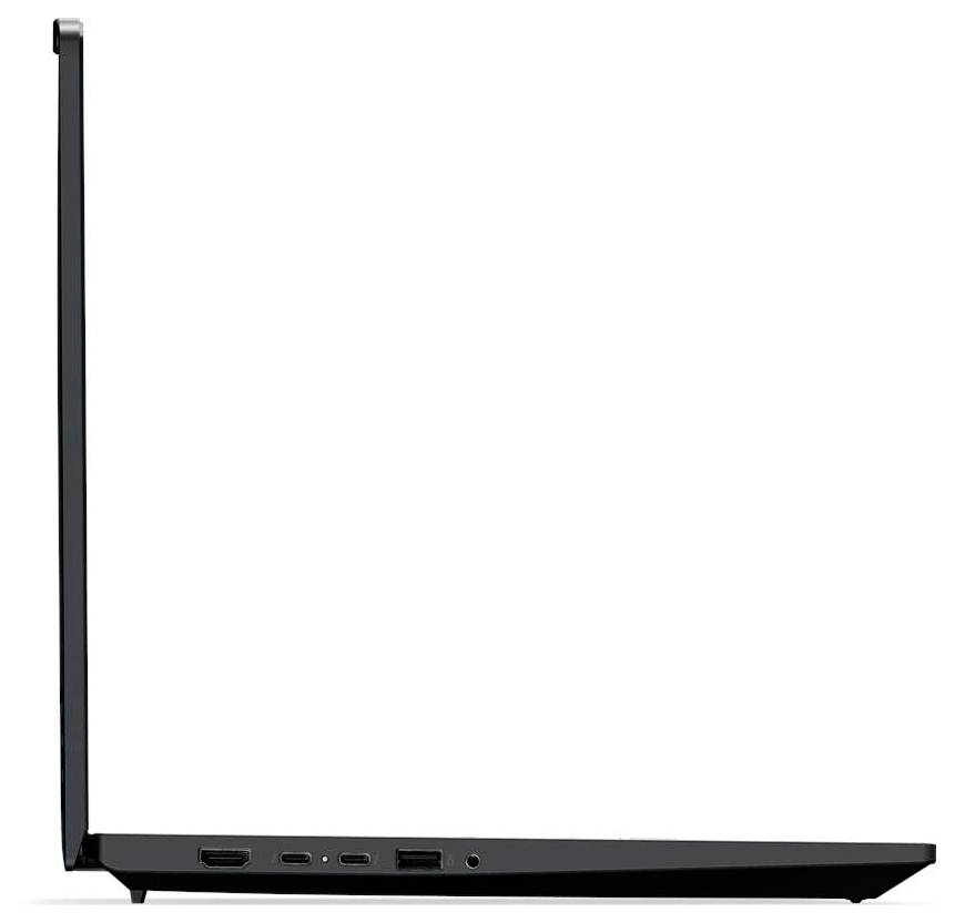 Seitenansicht eines geöffneten Laptops, die die Anschlüsse auf der linken Seite zeigt, einschließlich HDMI, USB und Audio. Das Gerät hat ein schlankes, elegantes Design.