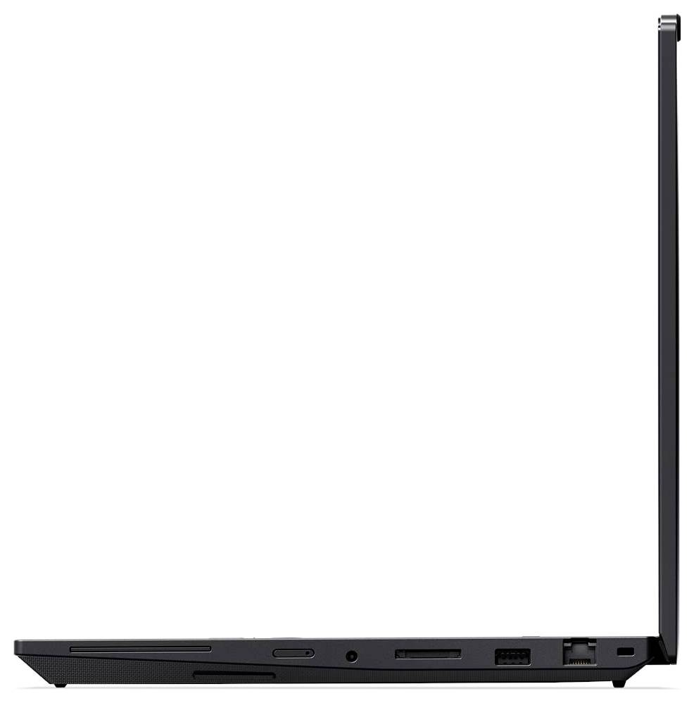 Seitenprofil eines schlanken, teilweise geöffneten schwarzen Laptops mit Anschlüssen und Scharnieren.