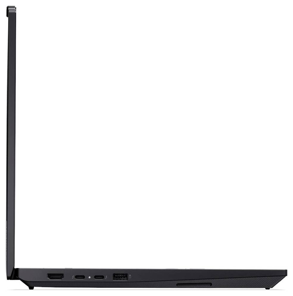 Ein schlanker, offener Laptop, von der Seite betrachtet, der seine Anschlüsse und sein schlankes Profil zeigt.