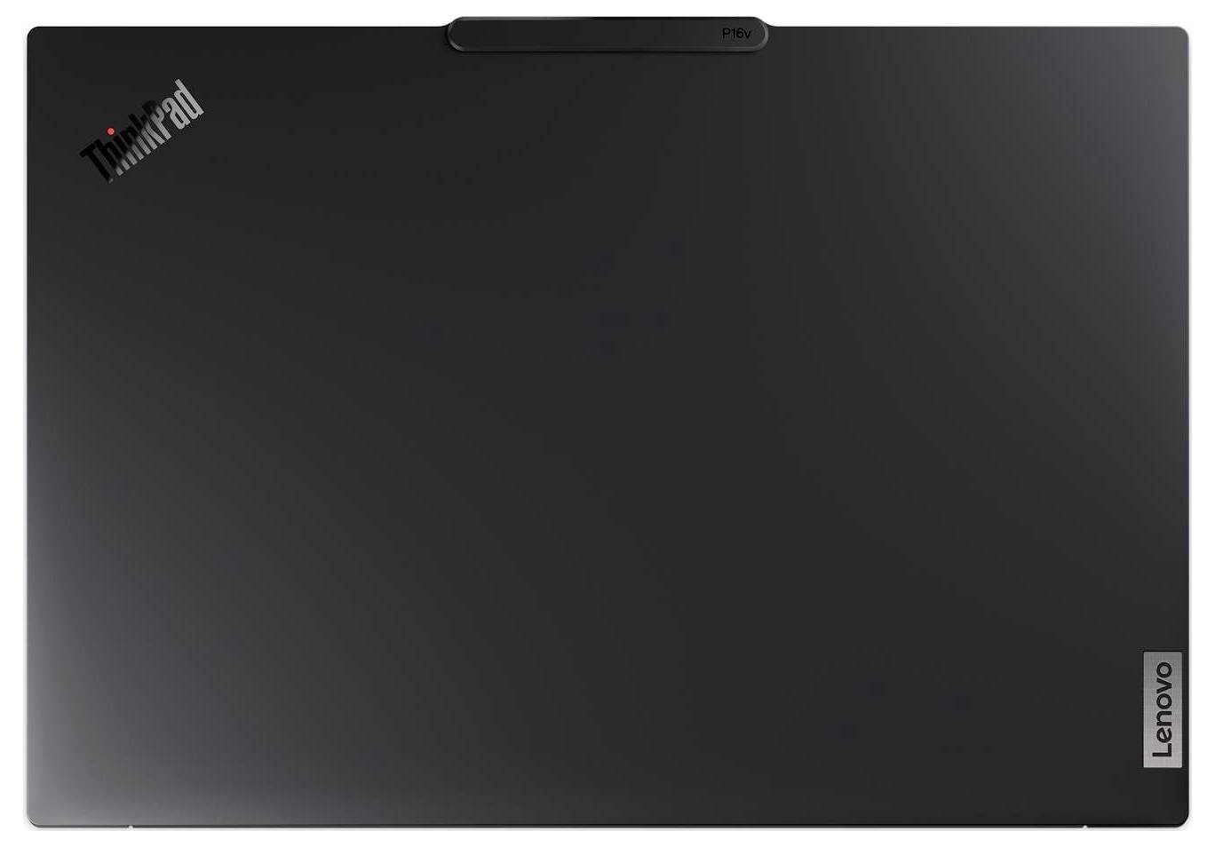 Ein geschlossener schwarzer Lenovo ThinkPad Laptop, von oben gezeigt, mit dem ThinkPad-Logo in der oberen linken Ecke und Lenovo-Branding in der unteren rechten Ecke.