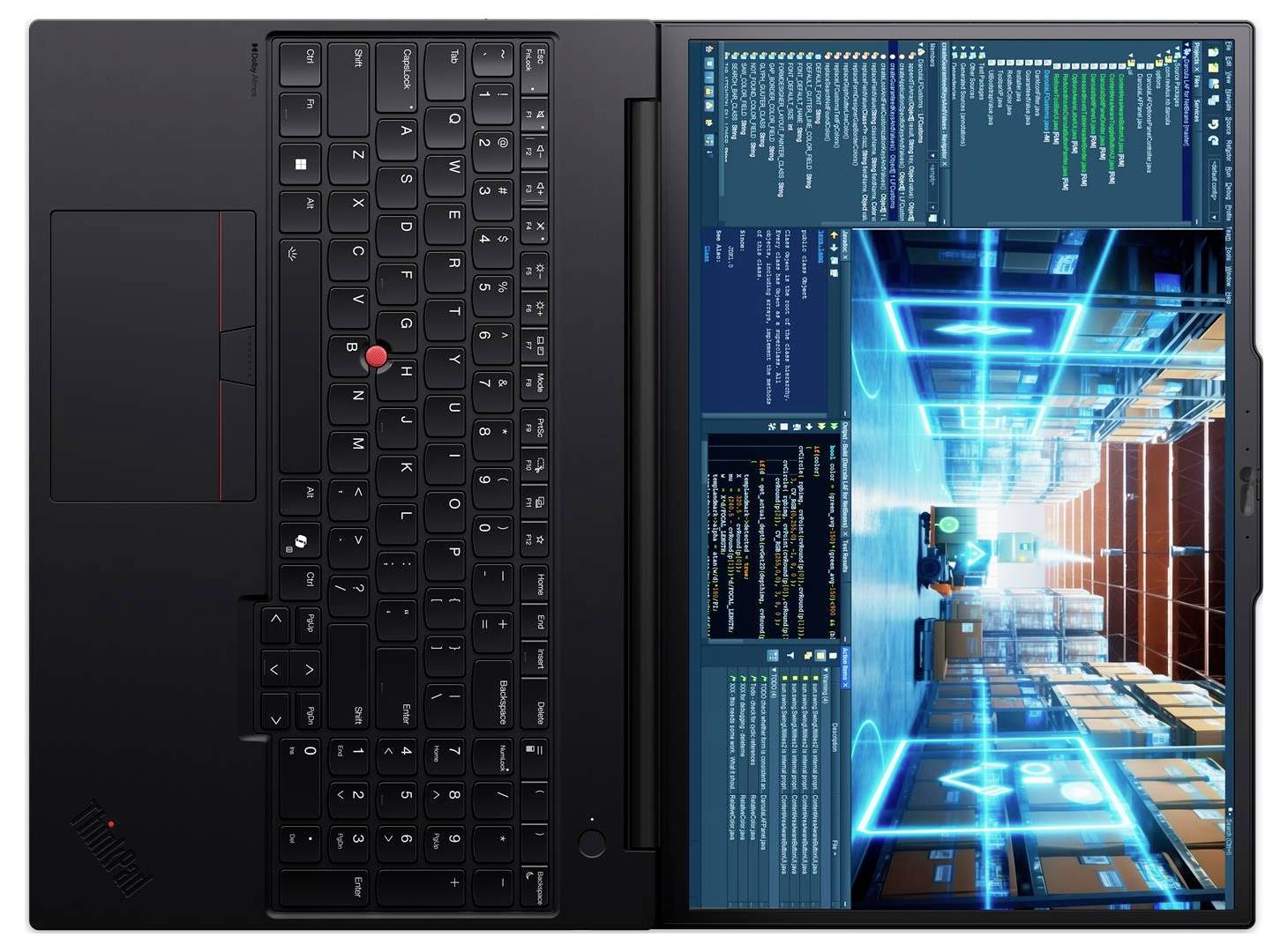 Ein Laptop mit geöffnetem Bildschirm, der eine digitale futuristische Benutzeroberfläche zeigt, mit neonblauen Grafiken und Codezeilen auf einer schwarzen Tastatur.