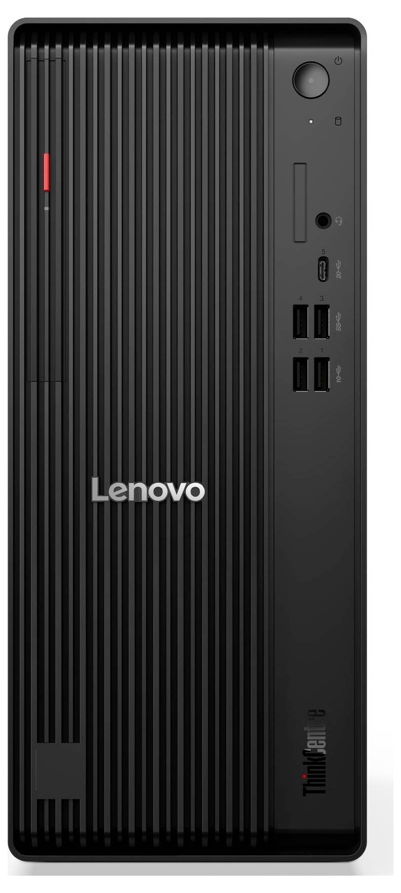 Frontansicht eines schwarzen Lenovo-Desktop-Towers mit Markenlogo, Einschaltknopf, zwei USB-C-Anschlüssen, vier USB-Anschlüssen, Kopfhörerbuchse und Laufwerk.