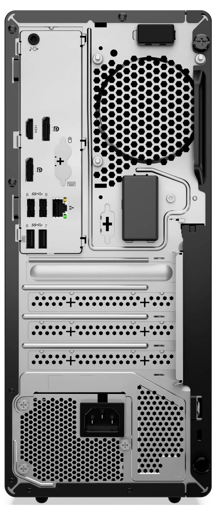 Rückansicht eines Desktop-Computergehäuses mit verschiedenen Anschlüssen, Lüftungsschlitzen und Netzteilbereich.