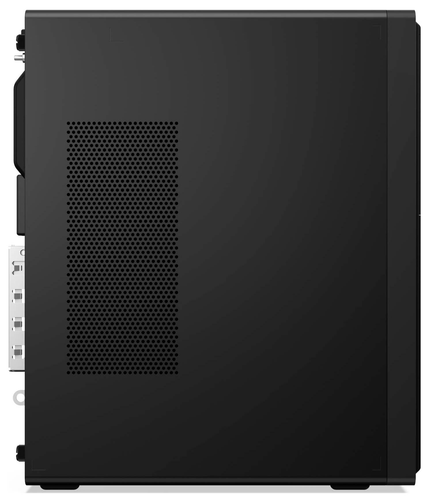 Ein schwarzer Desktop-Computer-Turm mit einem belüfteten Seitenpanel und sichtbaren Anschlüssen auf der Rückseite für Konnektivität, in einer Seitenansicht dargestellt.