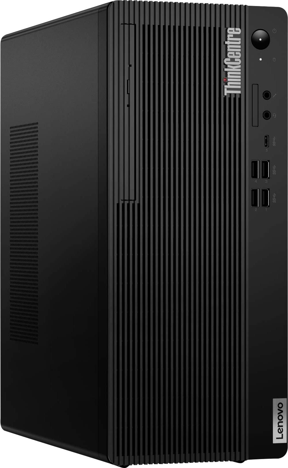 Ein schwarzer Lenovo ThinkCentre Desktop-Turm mit sichtbaren Frontanschlüssen und Einschaltknopf, designed für Büro- oder professionelle Nutzung.