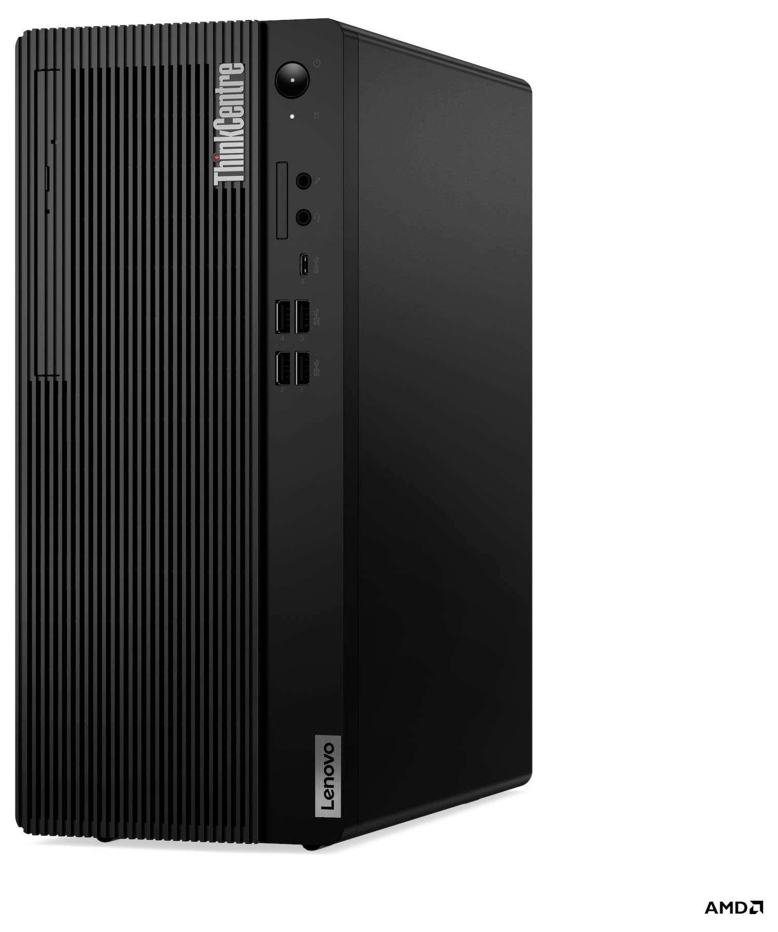 Ein schwarzer Lenovo ThinkCentre Desktop-Computerturm mit mehreren USB-Anschlüssen und einem Einschaltknopf auf der Vorderseite.