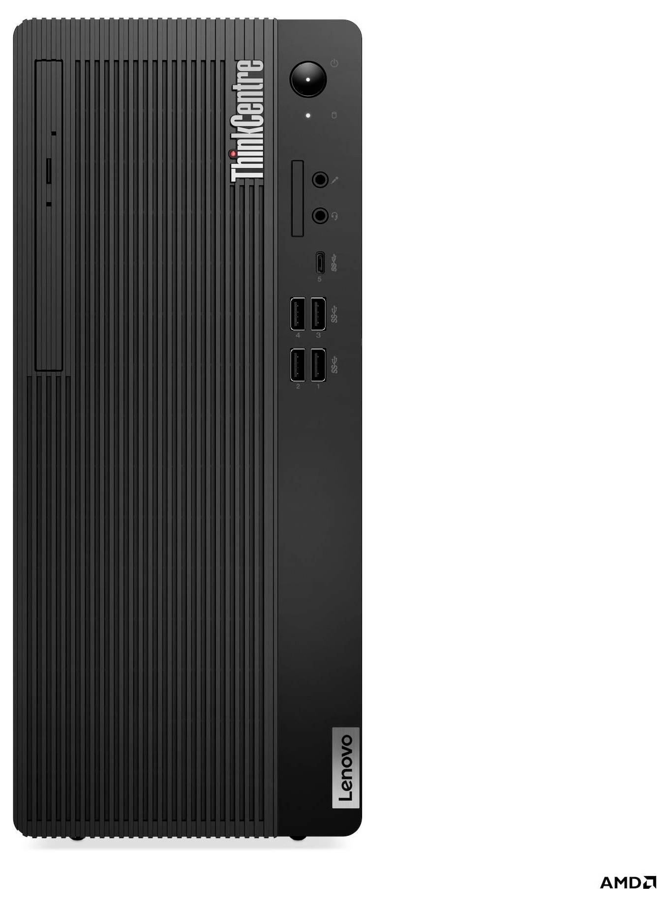 Ein schwarzer Lenovo ThinkCentre Desktop-CPU mit dem ThinkCentre-Logo, das prominent auf der Frontplatte sichtbar ist.