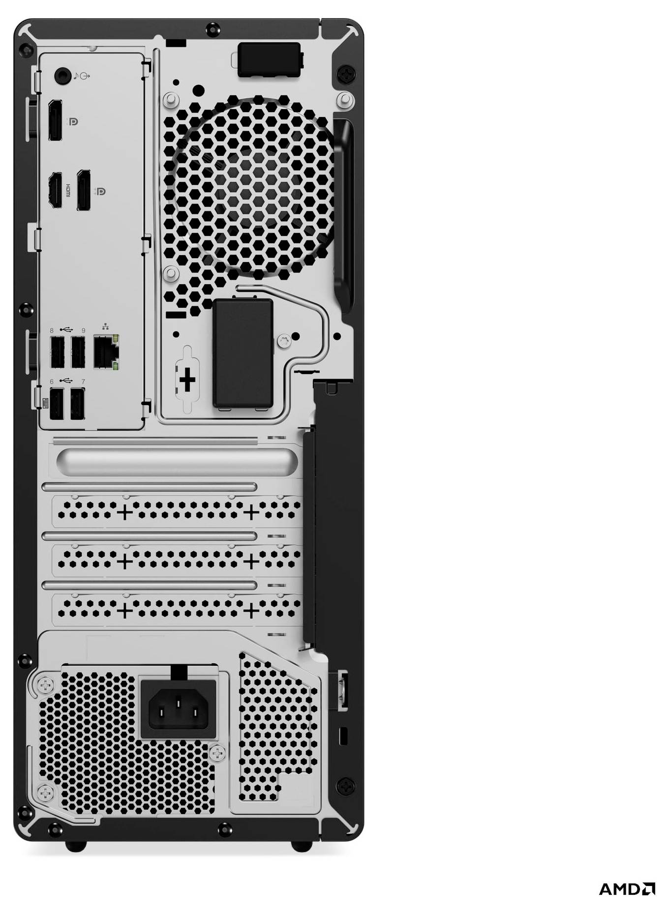 Rückansicht eines Computertowers mit verschiedenen Anschlüssen wie HDMI, USB und Ethernet, Belüftungsöffnungen und Netzteilbereich.