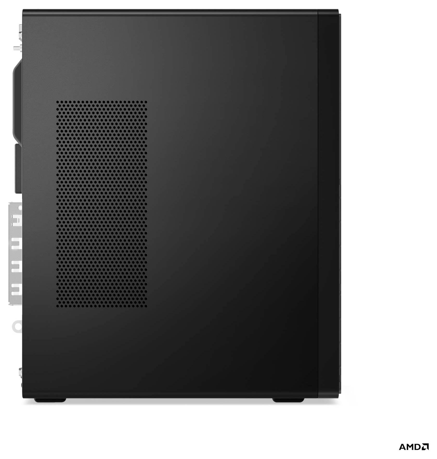 Ein schlankes schwarzes Computer-Tower-Gehäuse mit einer perforierten Seitenwand zur Belüftung, auf einem schlichten weißen Hintergrund positioniert.