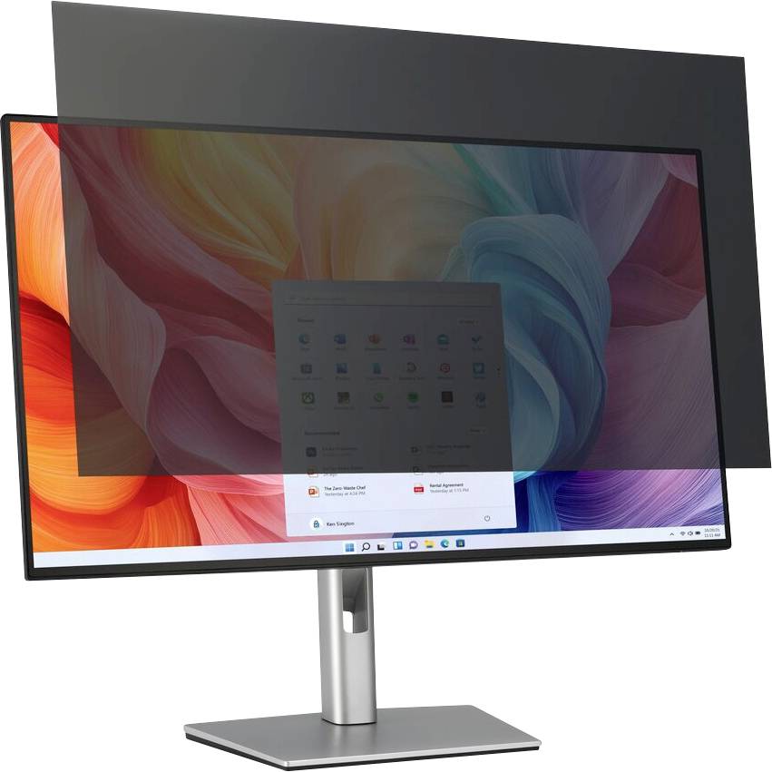 Ein Computermonitor, der einen lebendigen, bunten abstrakten Hintergrund zeigt, wobei ein Sichtschutzfilter den Bildschirm teilweise verdeckt.
