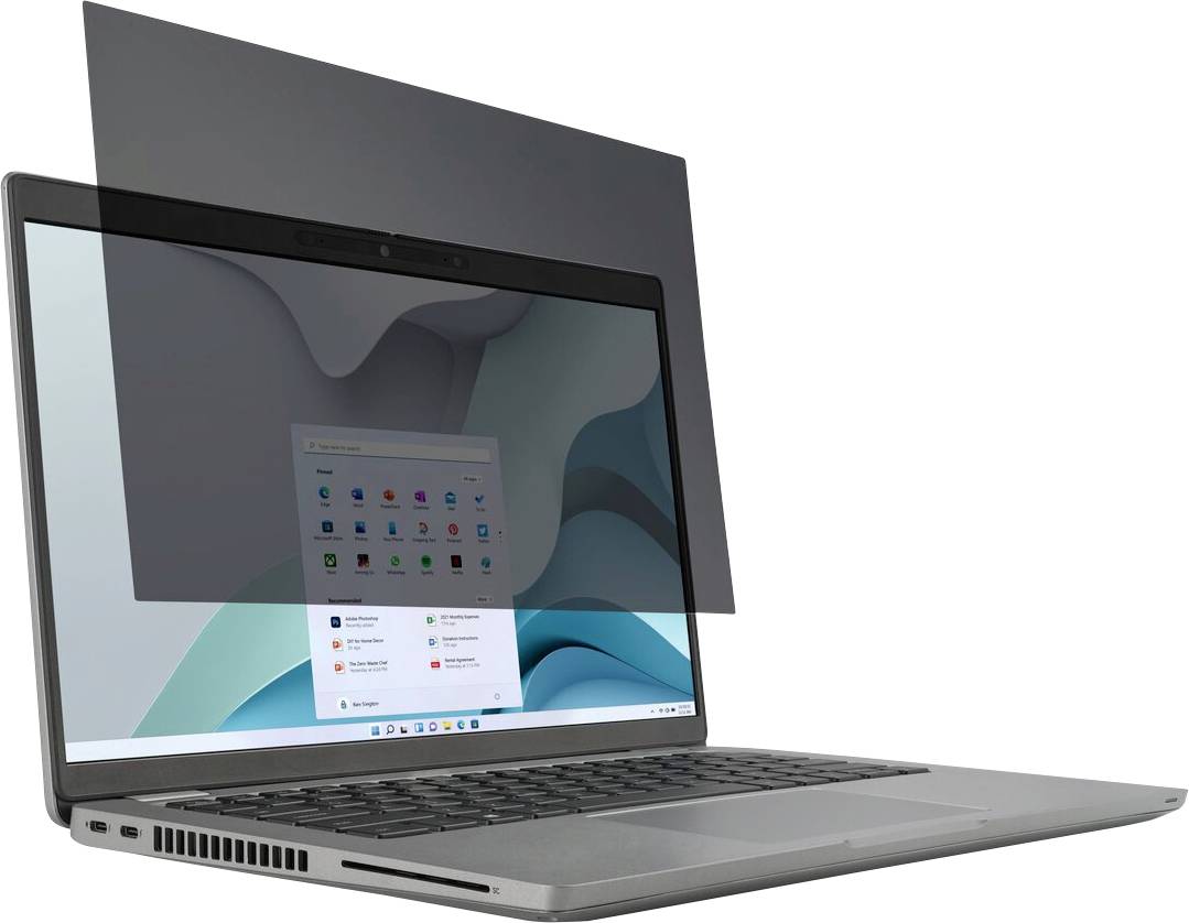 Ein Laptop mit einem Sichtschutzfilter, der eine unscharfe Betriebssystemoberfläche zur Sicherheit anzeigt.