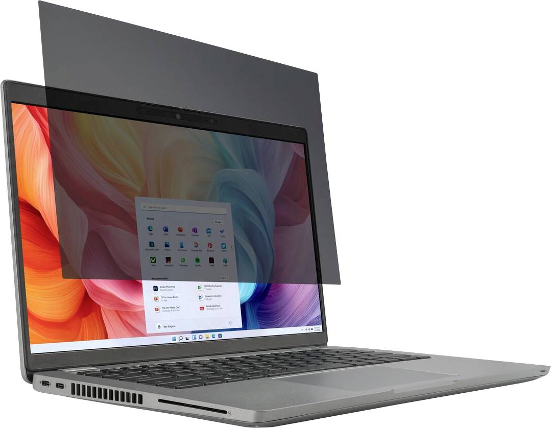 Ein Laptop mit einem Sichtschutzfilter, der die Anzeige teilweise verdeckt und farbenfrohe Wellen im Hintergrund zeigt.