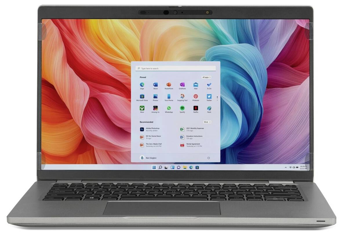 Ein Laptop mit einem bunten abstrakten Hintergrund und einem Bildschirm, auf dem verschiedene Anwendungssymbole geöffnet sind, was eine Softwareauswahl andeutet.