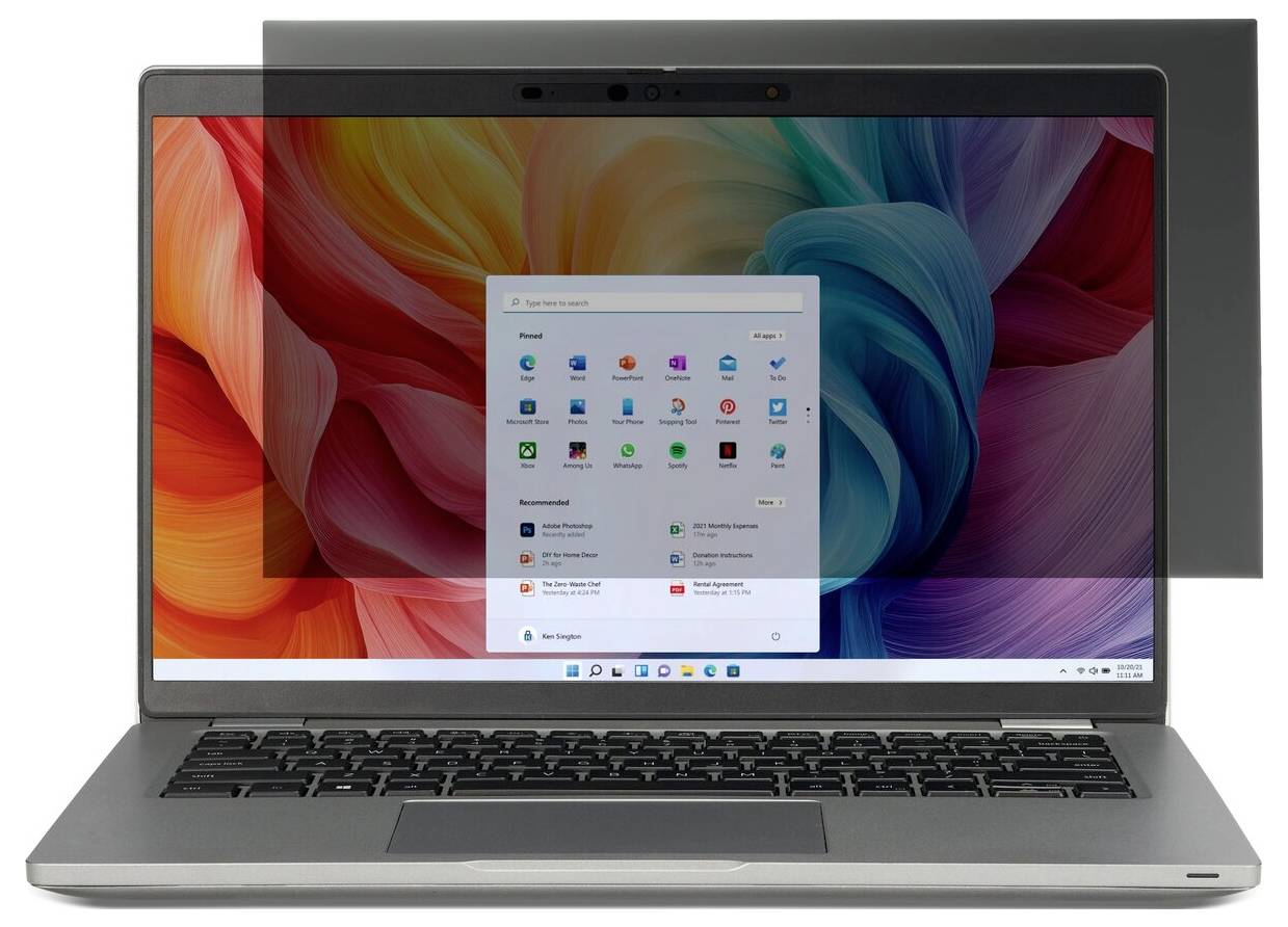 Ein Laptop mit einem bunten abstrakten Hintergrund auf dem Bildschirm, auf dem ein Sichtschutzfilter die rechte Seite teilweise bedeckt, wobei eine Windows-Benutzeroberfläche mit Apps zu sehen ist.