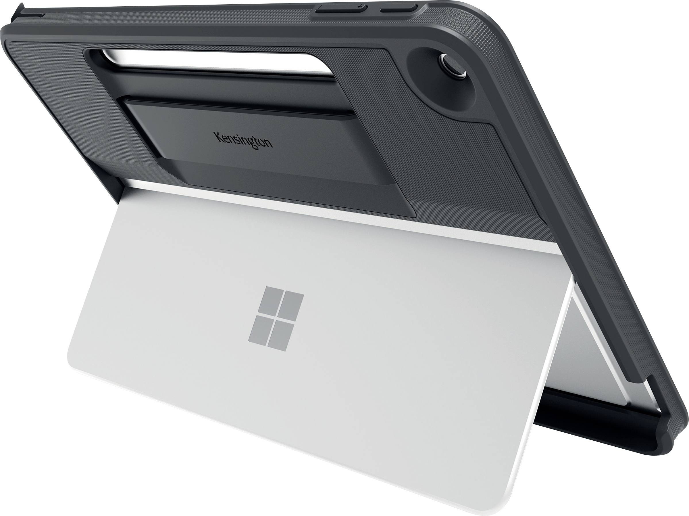 Ein Microsoft Surface-Gerät mit Ständer, von hinten betrachtet, in einem schwarzen Schutzgehäuse der Marke 'Kensington'.