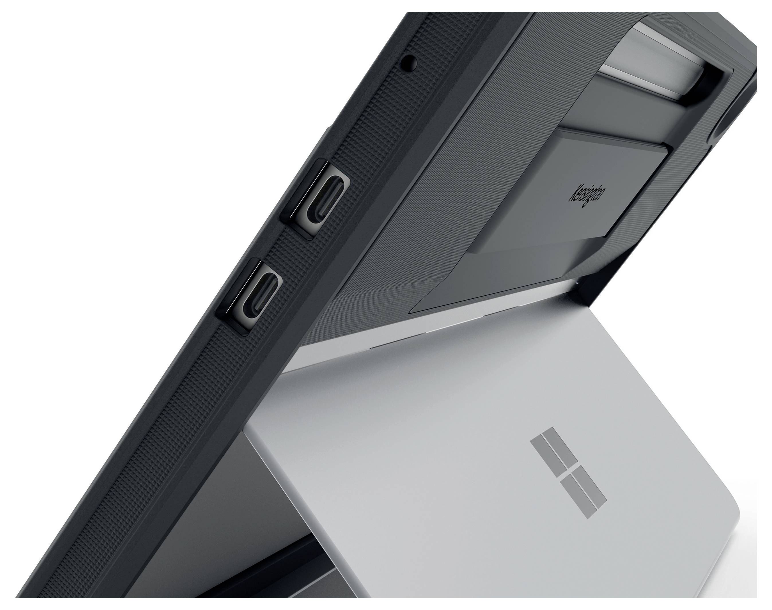 Eine Nahaufnahme eines Tablets mit einem Schutzgehäuse und sichtbaren Anschlüssen, das auf einem integrierten Ständer steht.