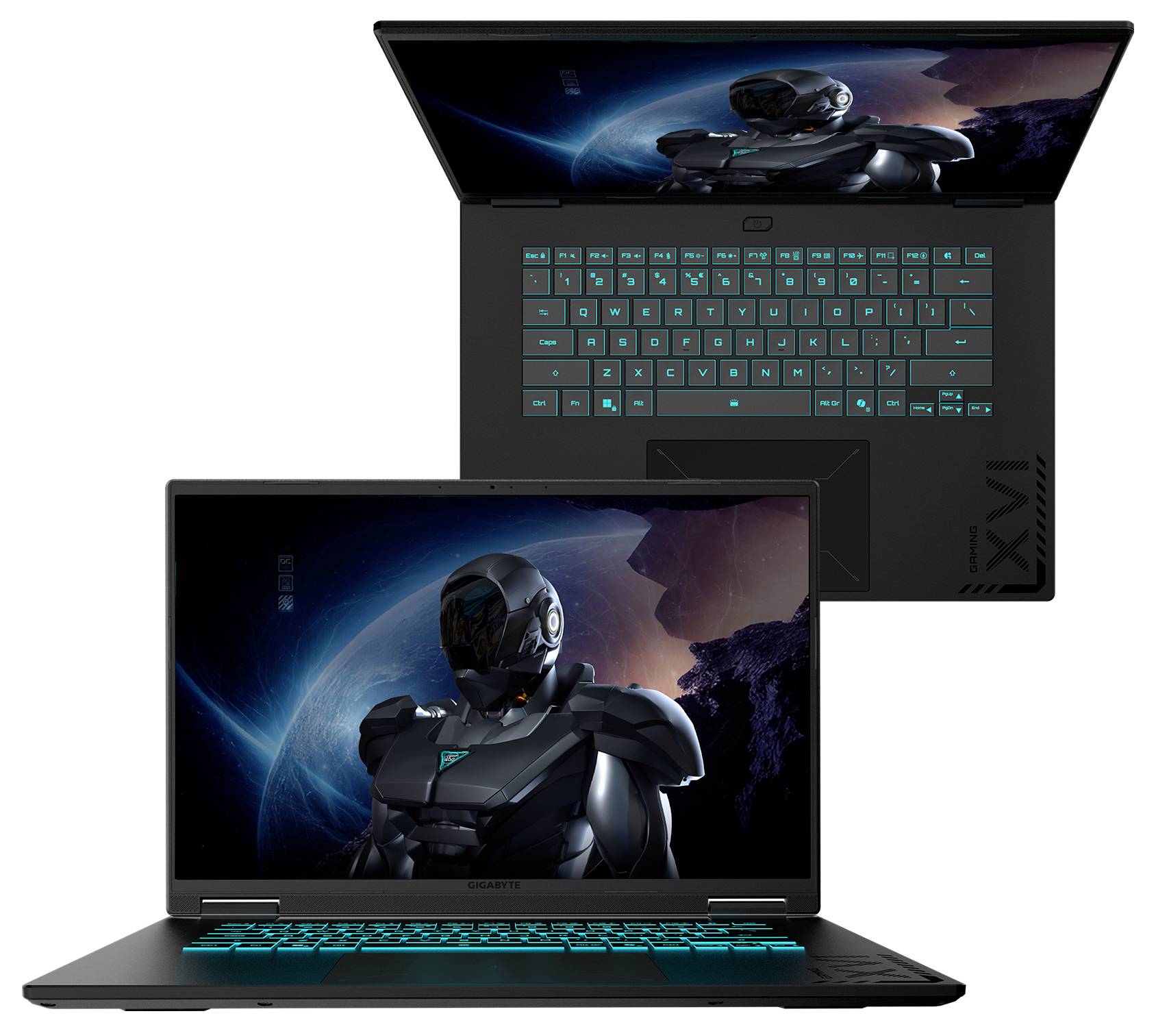 Ein Laptop, der von zwei Blickwinkeln aus geöffnet gezeigt wird und ein futuristisches Roboterbild auf dem Bildschirm zeigt. Die Tastatur ist mit blauer Hintergrundbeleuchtung ausgestattet.