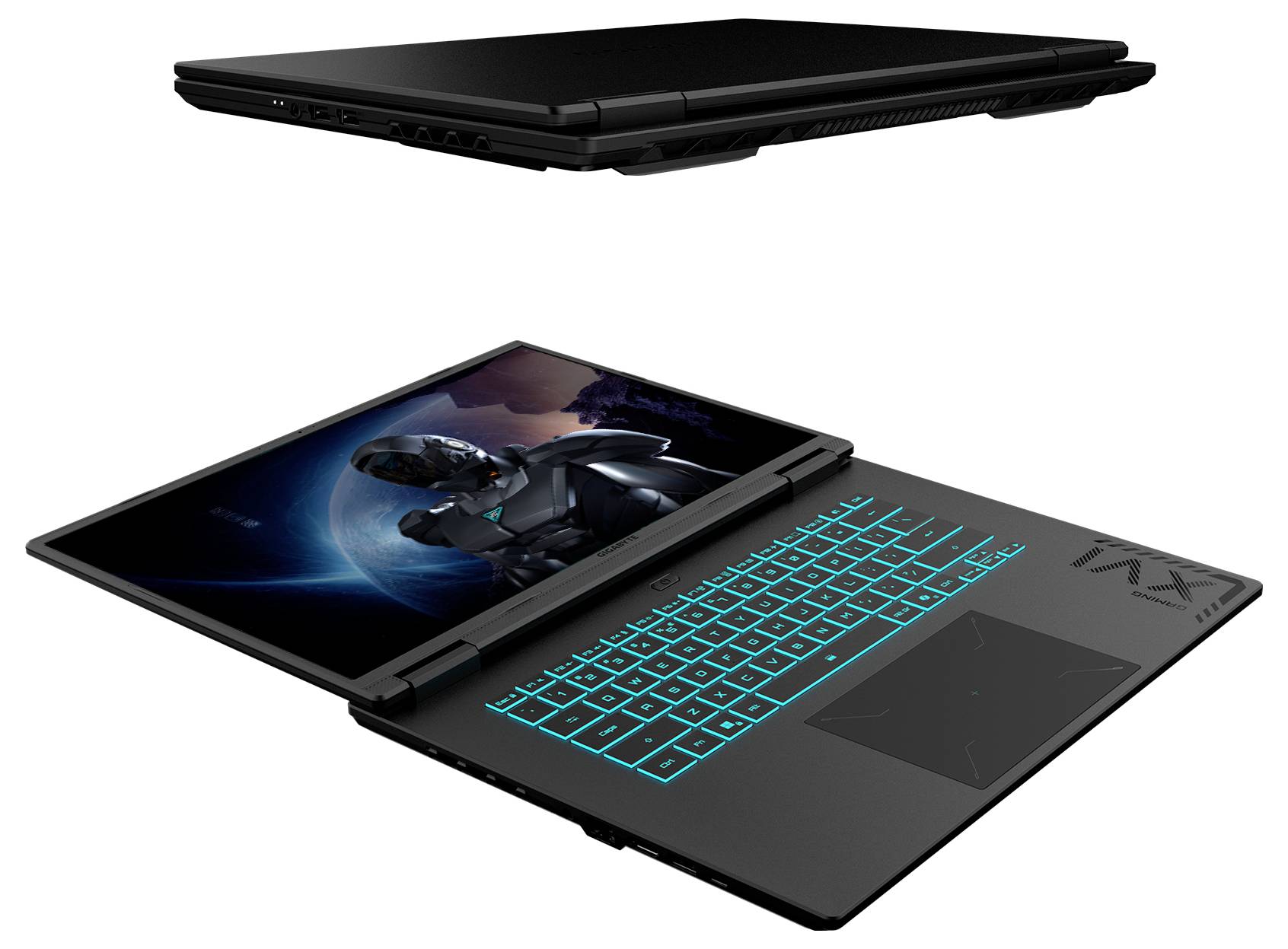 Zwei Ansichten eines Gaming-Laptops: eine geschlossene, die ein schlankes schwarzes Design zeigt, und eine offene, die ein futuristisches Bild auf dem Bildschirm und eine leuchtende Tastatur präsentiert.