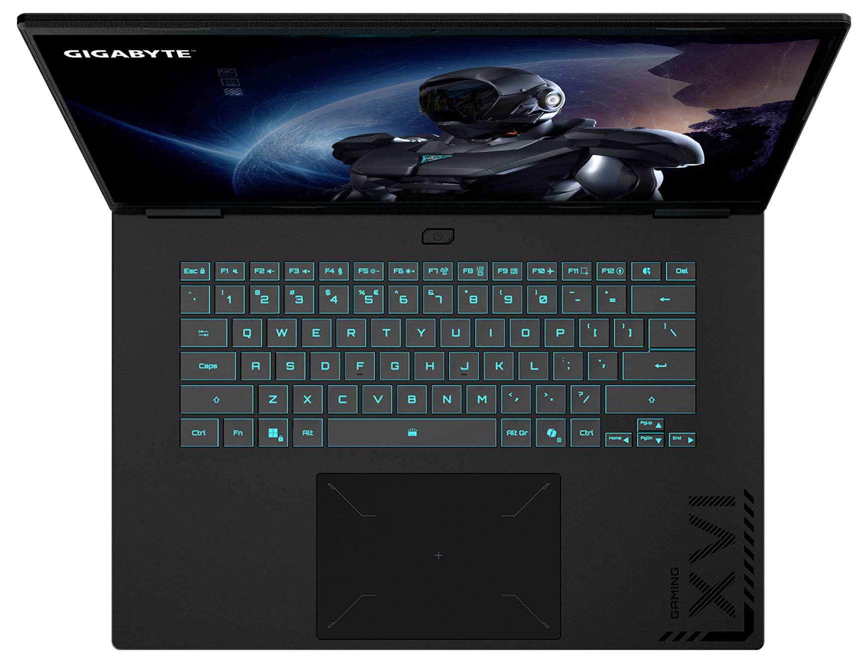Ein schwarzer Laptop mit einer leuchtenden Tastatur, auf dessen Bildschirm ein futuristisches Weltraum-Themendesign zu sehen ist. Die Marke „Gigabyte