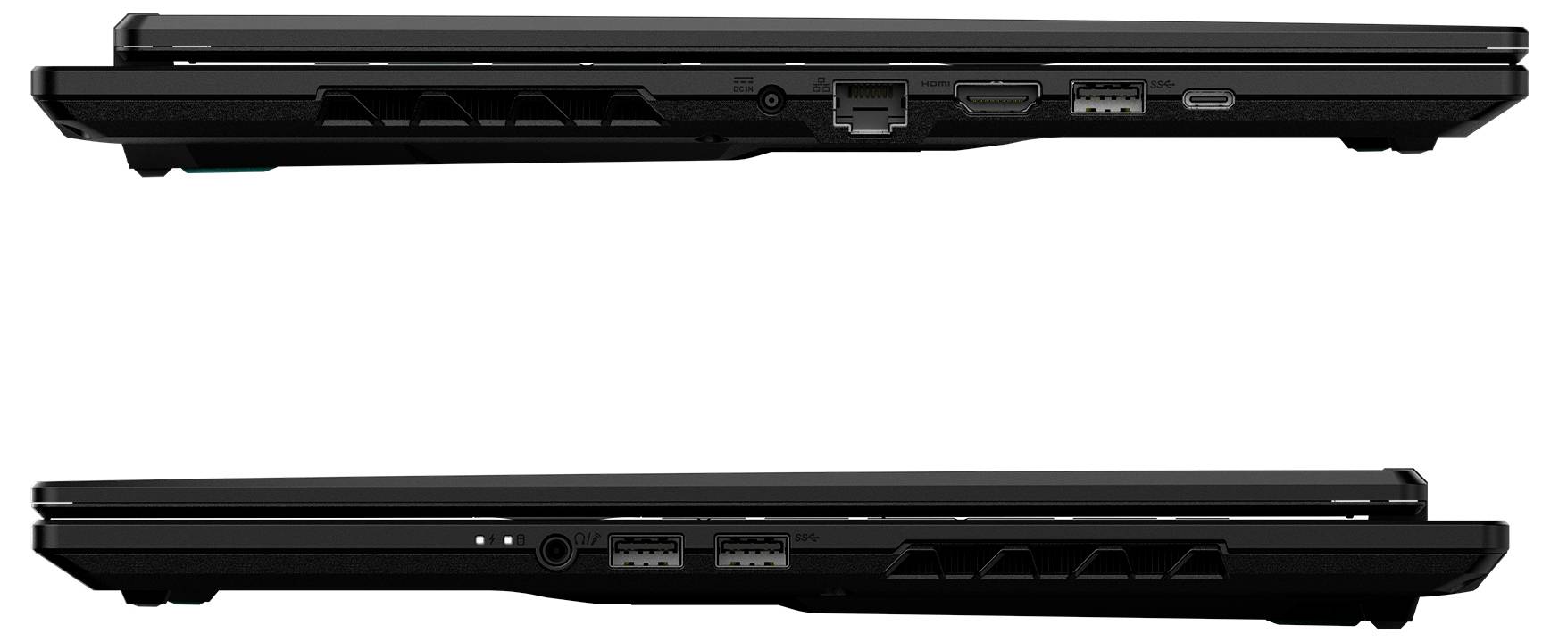 Zwei schwarze Laptops von der Seite, die HDMI-, USB- und Netzwerk-Anschlüsse zeigen. Beide Deckel sind geschlossen und betonen das schlanke Design.
