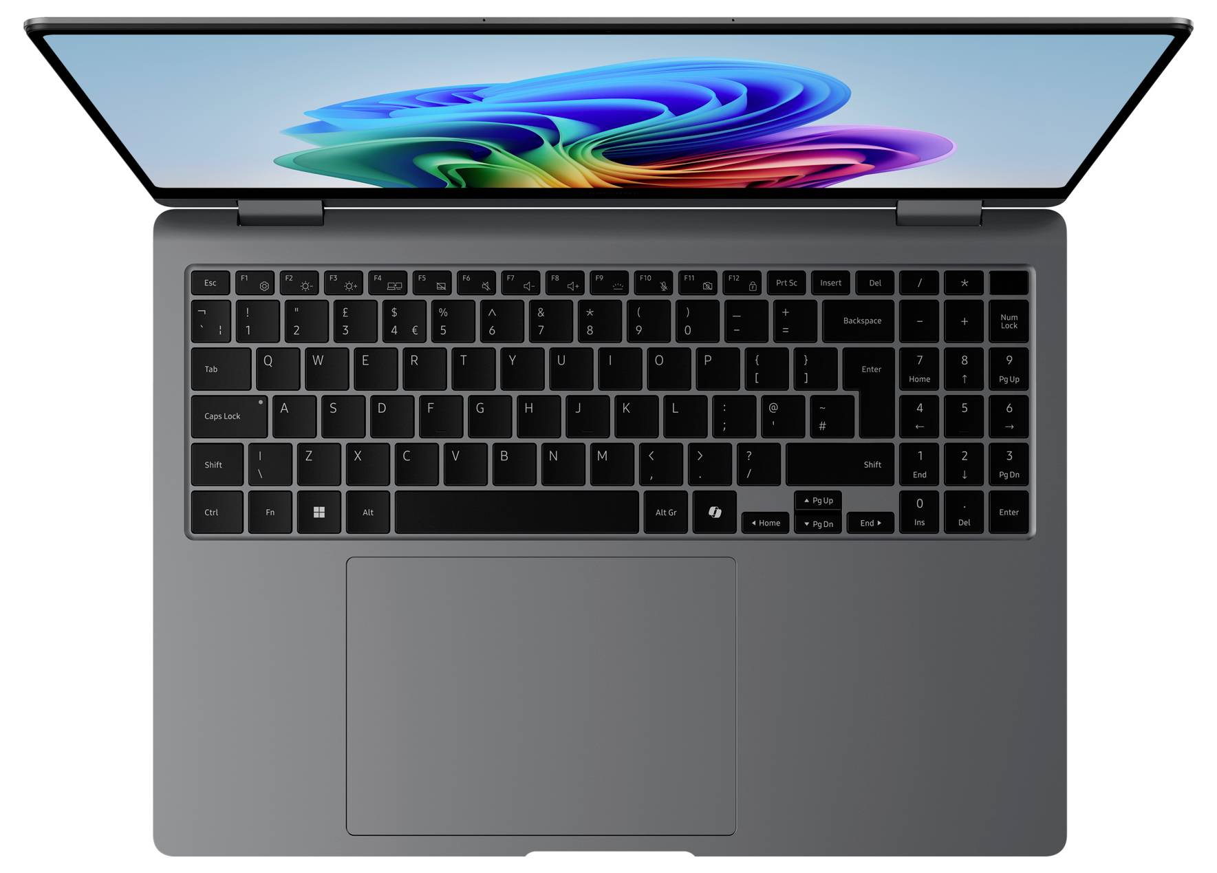 Ein schlankes, geöffnetes Laptop mit einem farbenfrohen abstrakten Design auf dem Bildschirm, das eine kompakte Tastatur und ein großes Touchpad präsentiert.