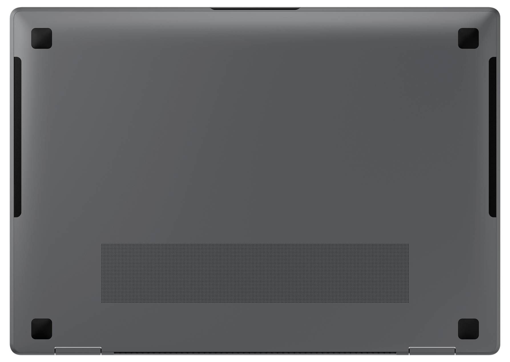 Die Unterseite eines geschlossenen, dunkel gefärbten Laptops, die seine Basis mit Gummifüßen, Belüftungsbereich und Scharnieranschlüssen zeigt.